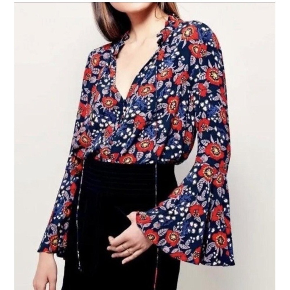 Free People Magic Mystery Black Floral Mini Shift Tunic Dress Small Bell Sleeve